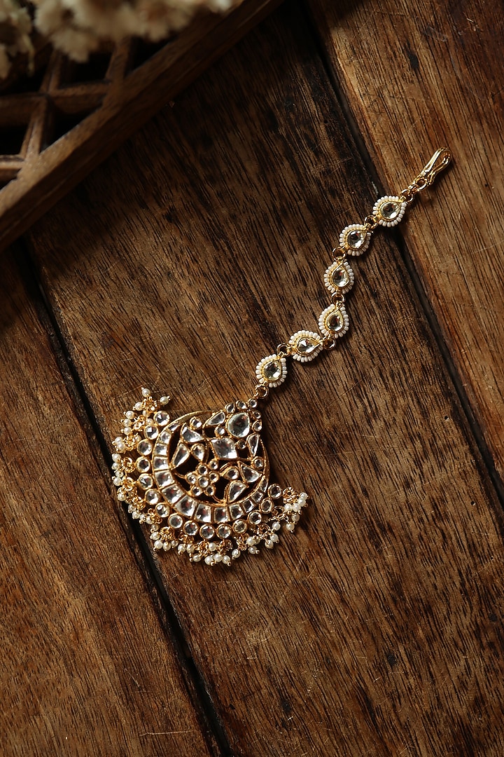 Gold Plated Kundan Polki & Pearl Maangtikka by Paisley Pop at Pernia's Pop Up Shop