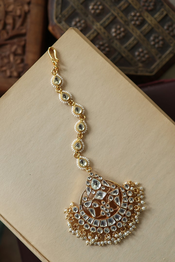 Gold Plated Kundan Polki & Pearl Maangtikka by Paisley Pop at Pernia's Pop Up Shop