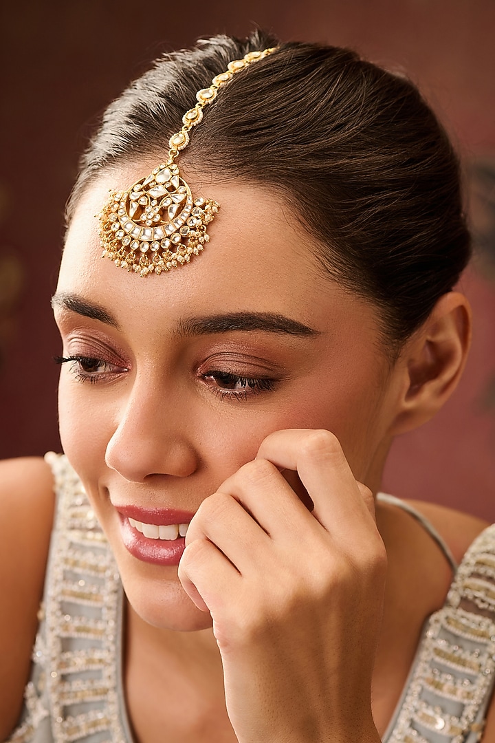 Gold Plated Kundan Polki & Pearl Maangtikka by Paisley Pop at Pernia's Pop Up Shop