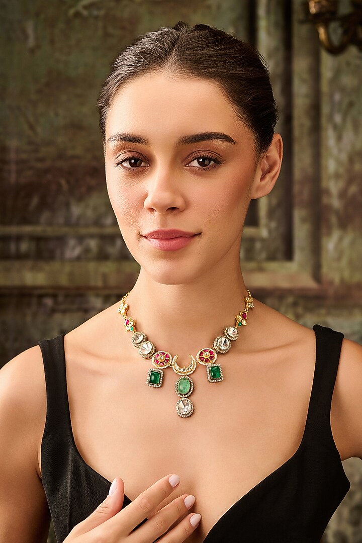 Gold Plated Red Kundan Polki & Pearl Necklace by Paisley Pop at Pernia's Pop Up Shop
