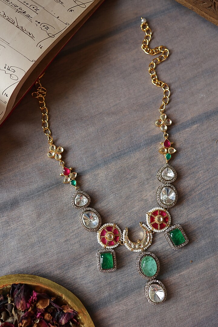 Gold Plated Red Kundan Polki & Pearl Necklace by Paisley Pop at Pernia's Pop Up Shop