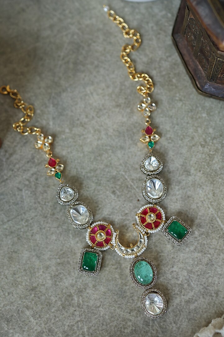 Gold Plated Red Kundan Polki & Pearl Necklace by Paisley Pop at Pernia's Pop Up Shop