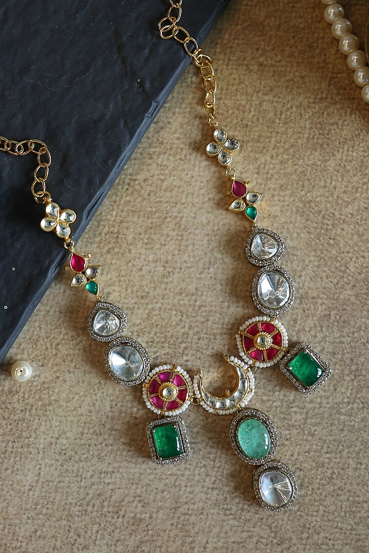 Gold Plated Red Kundan Polki & Pearl Necklace by Paisley Pop at Pernia's Pop Up Shop