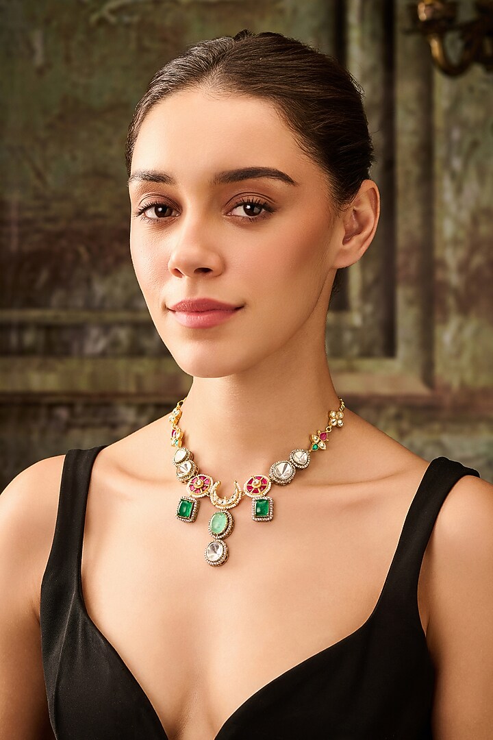 Gold Plated Red Kundan Polki & Pearl Necklace by Paisley Pop at Pernia's Pop Up Shop