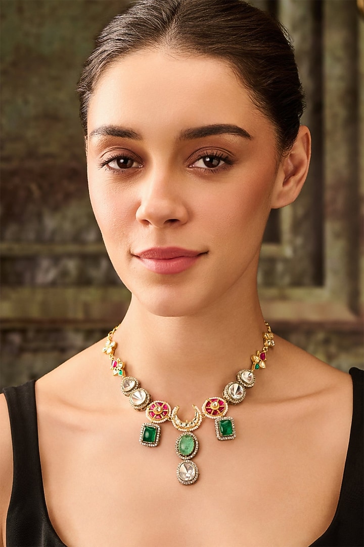 Gold Plated Red Kundan Polki & Pearl Necklace by Paisley Pop at Pernia's Pop Up Shop