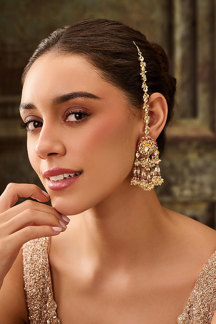 Gold Plated Kundan Polki & Pink Hydro Stone Dangler Earrings by Paisley Pop at Pernia's Pop Up Shop