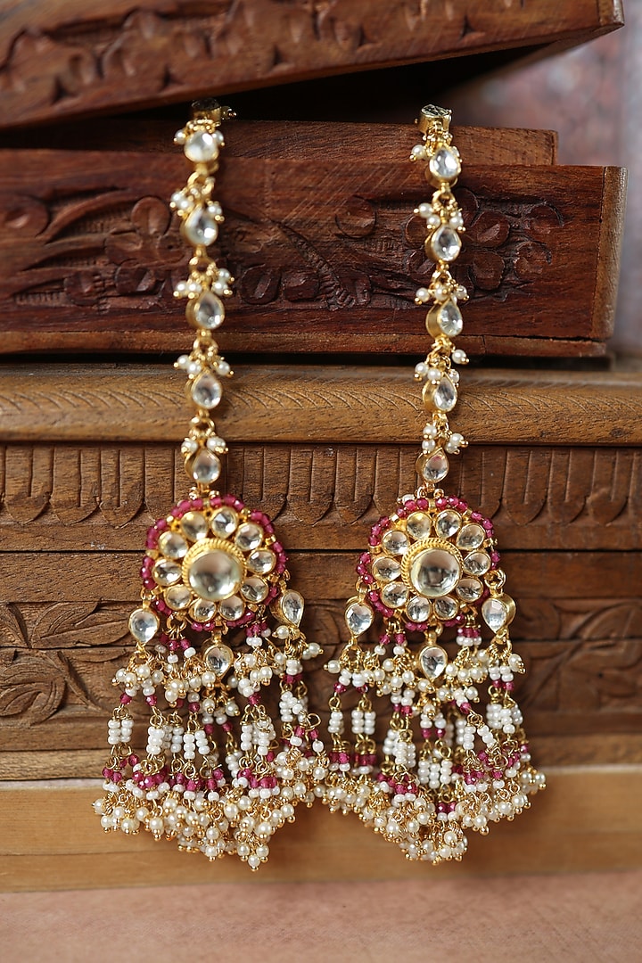 Gold Plated Kundan Polki & Pink Hydro Stone Dangler Earrings by Paisley Pop at Pernia's Pop Up Shop