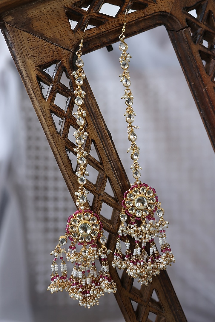 Gold Plated Kundan Polki & Pink Hydro Stone Dangler Earrings by Paisley Pop at Pernia's Pop Up Shop
