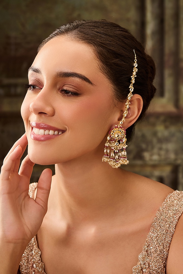 Gold Plated Kundan Polki & Pink Hydro Stone Dangler Earrings by Paisley Pop at Pernia's Pop Up Shop