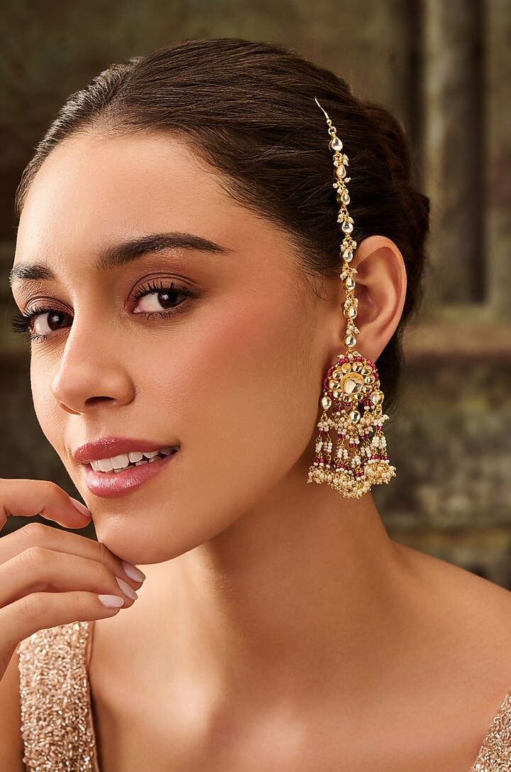 Gold Plated Kundan Polki & Pink Hydro Stone Dangler Earrings by Paisley Pop at Pernia's Pop Up Shop