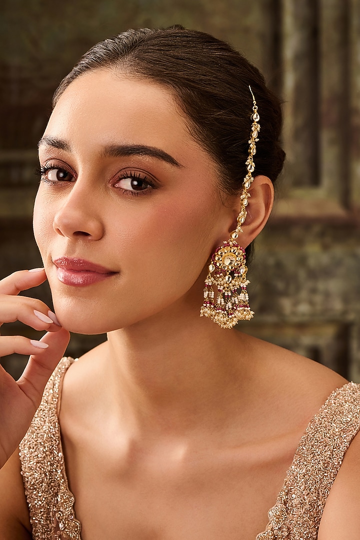 Gold Plated Kundan Polki & Pink Hydro Stone Dangler Earrings by Paisley Pop at Pernia's Pop Up Shop