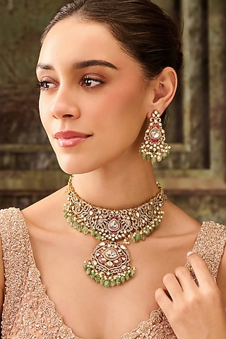 Gold Plated Kundan Polki & Mint Onyx Necklace Set by Paisley Pop