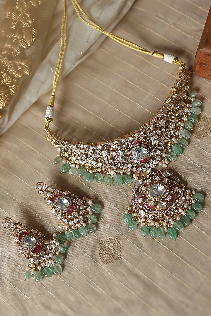 Gold Plated Kundan Polki & Mint Onyx Necklace Set by Paisley Pop at Pernia's Pop Up Shop