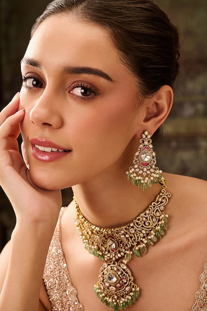 Gold Plated Kundan Polki & Mint Onyx Necklace Set by Paisley Pop at Pernia's Pop Up Shop