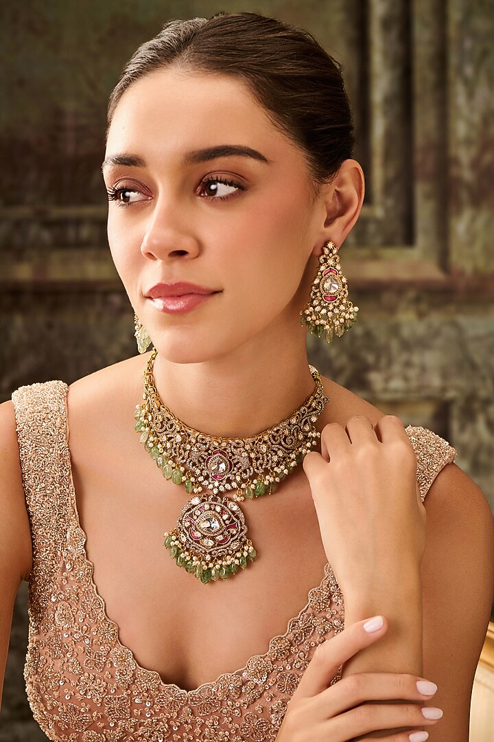 Gold Plated Kundan Polki & Mint Onyx Necklace Set by Paisley Pop at Pernia's Pop Up Shop