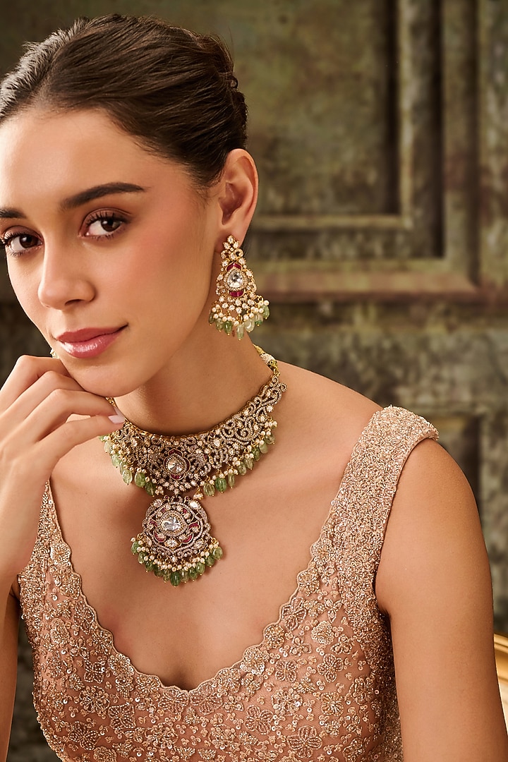 Gold Plated Kundan Polki & Mint Onyx Necklace Set by Paisley Pop at Pernia's Pop Up Shop
