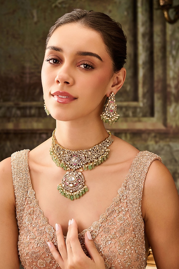 Gold Plated Kundan Polki & Mint Onyx Necklace Set by Paisley Pop at Pernia's Pop Up Shop