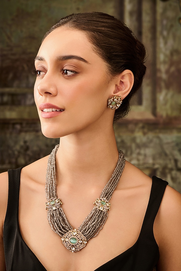 Gold Plated Kundan Polki & Grey Hydro Stone Necklace Set by Paisley Pop at Pernia's Pop Up Shop
