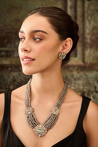 Gold Plated Kundan Polki & Grey Hydro Stone Necklace Set by Paisley Pop