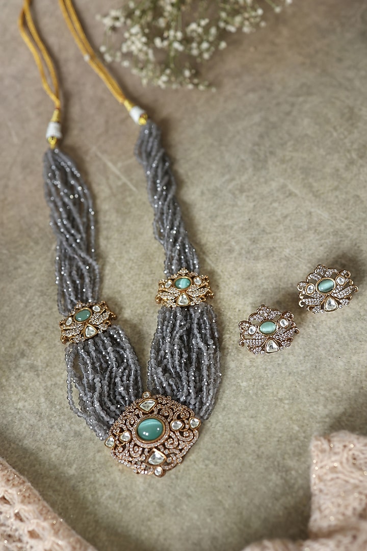 Gold Plated Kundan Polki & Grey Hydro Stone Necklace Set by Paisley Pop at Pernia's Pop Up Shop
