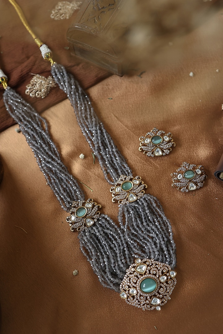Gold Plated Kundan Polki & Grey Hydro Stone Necklace Set by Paisley Pop at Pernia's Pop Up Shop
