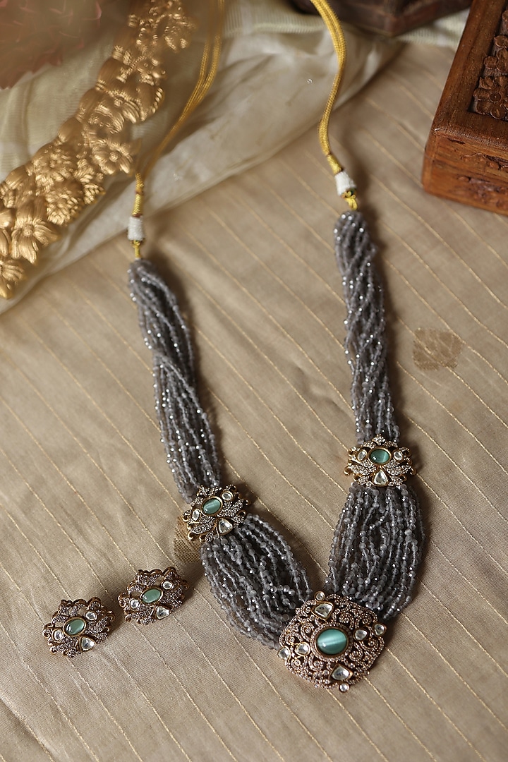 Gold Plated Kundan Polki & Grey Hydro Stone Necklace Set by Paisley Pop at Pernia's Pop Up Shop