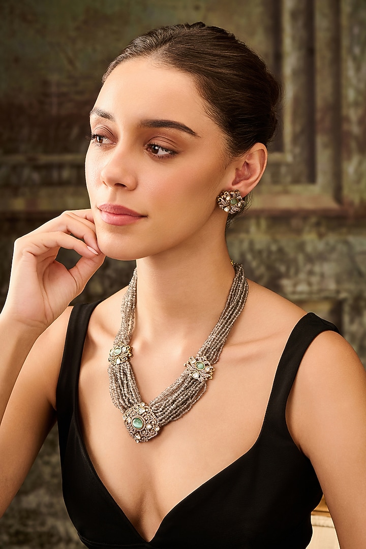 Gold Plated Kundan Polki & Grey Hydro Stone Necklace Set by Paisley Pop at Pernia's Pop Up Shop