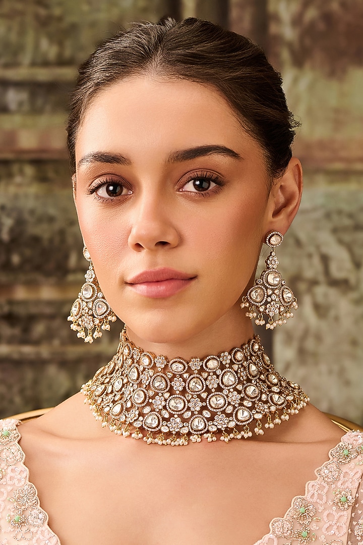 Gold Plated Kundan Polki & Cubic Zirconia Necklace Set by Paisley Pop at Pernia's Pop Up Shop