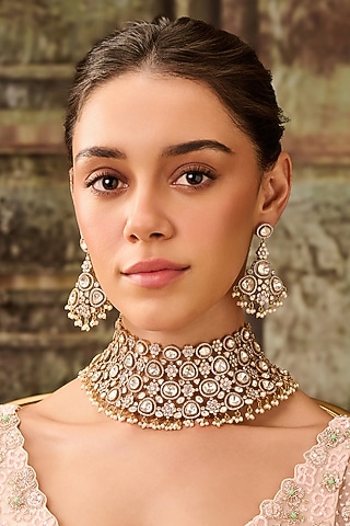 Gold Plated Kundan Polki & Cubic Zirconia Necklace Set by Paisley Pop