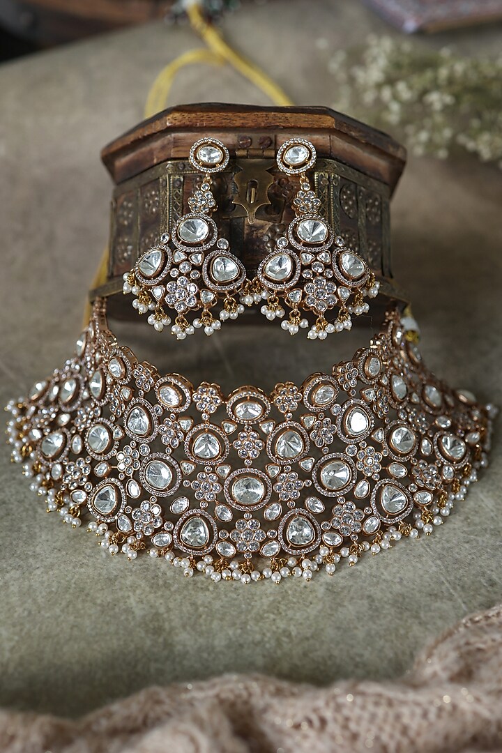 Gold Plated Kundan Polki & Cubic Zirconia Necklace Set by Paisley Pop at Pernia's Pop Up Shop