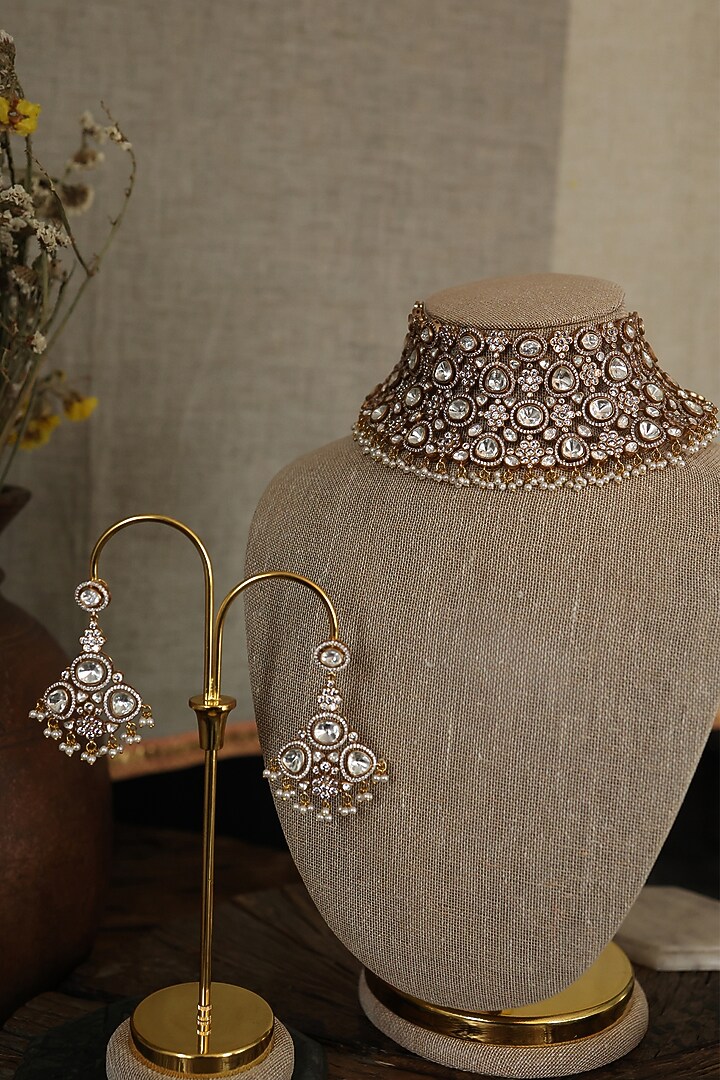 Gold Plated Kundan Polki & Cubic Zirconia Necklace Set by Paisley Pop at Pernia's Pop Up Shop