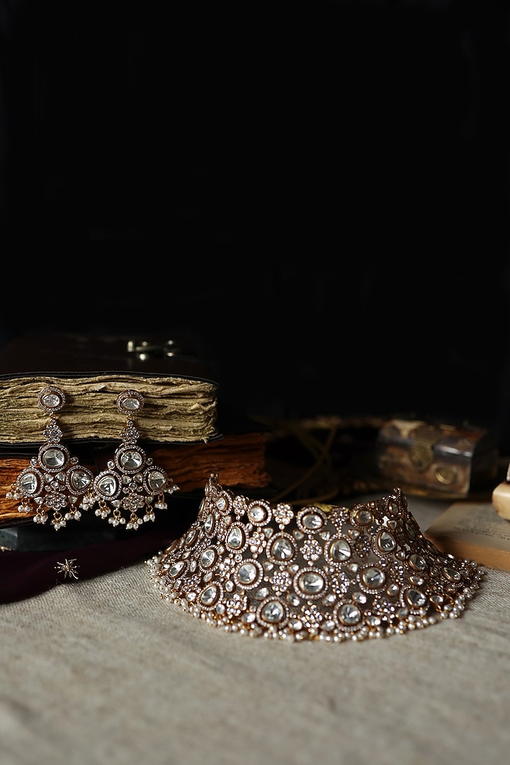 Gold Plated Kundan Polki & Cubic Zirconia Necklace Set by Paisley Pop at Pernia's Pop Up Shop