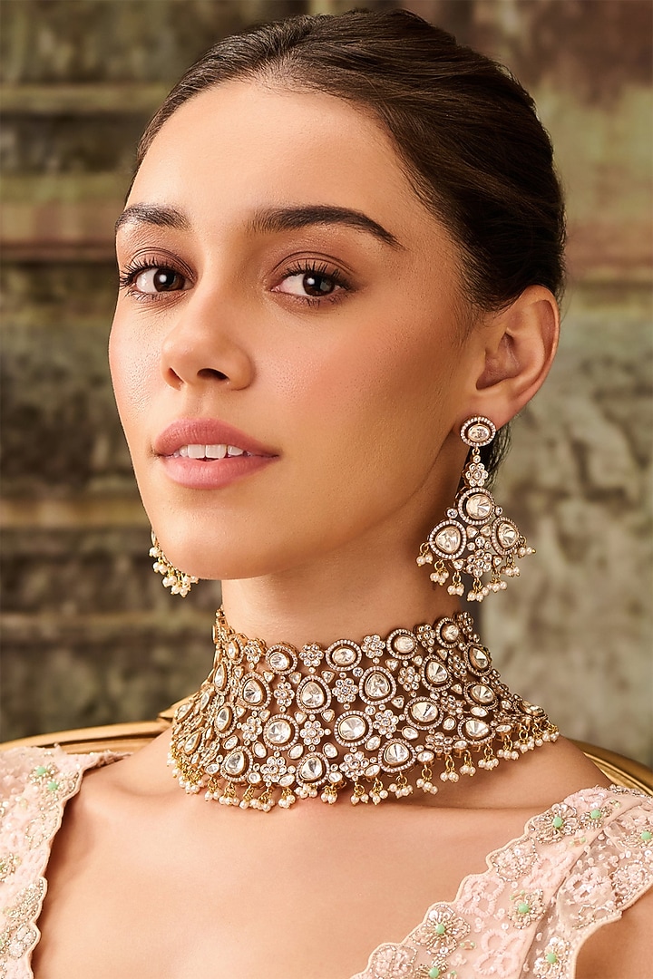 Gold Plated Kundan Polki & Cubic Zirconia Necklace Set by Paisley Pop at Pernia's Pop Up Shop