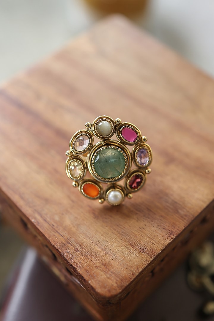 Gold Plated Navratna Stone Adjustable Ring by Paisley Pop at Pernia's Pop Up Shop