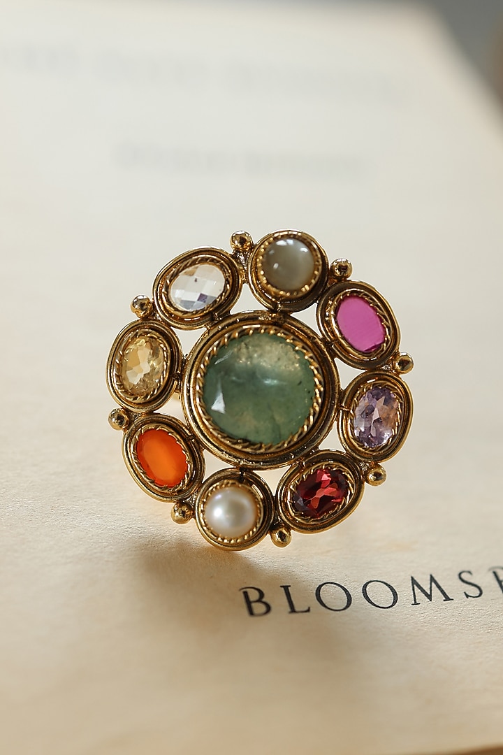 Gold Plated Navratna Stone Adjustable Ring by Paisley Pop at Pernia's Pop Up Shop