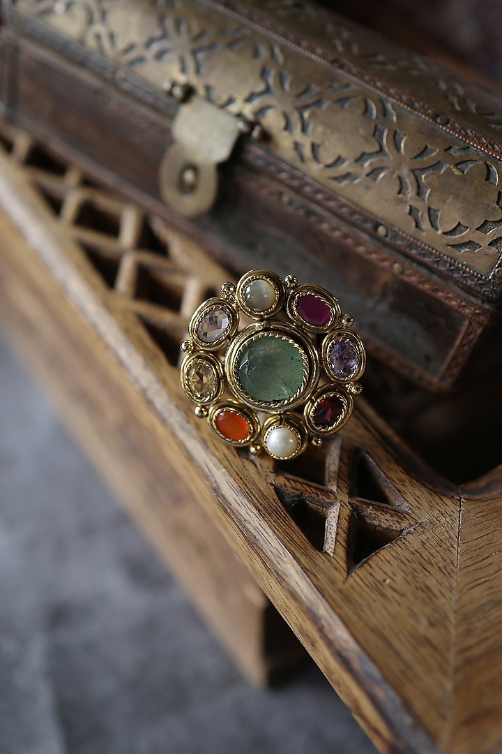 Gold Plated Navratna Stone Adjustable Ring by Paisley Pop at Pernia's Pop Up Shop