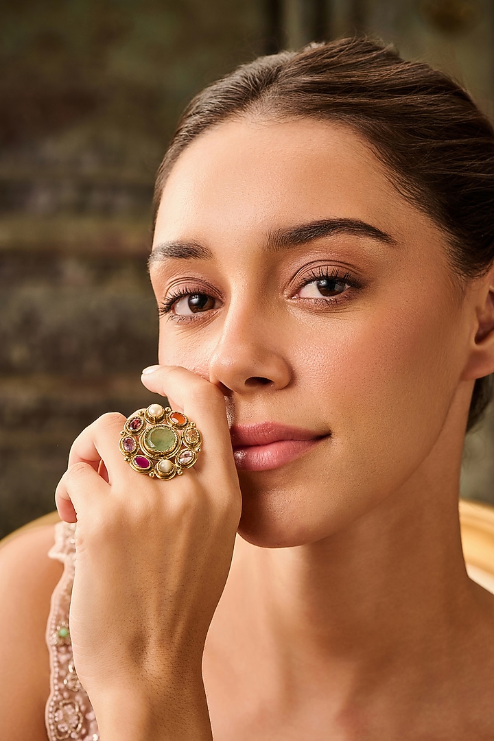 Gold Plated Navratna Stone Adjustable Ring by Paisley Pop at Pernia's Pop Up Shop