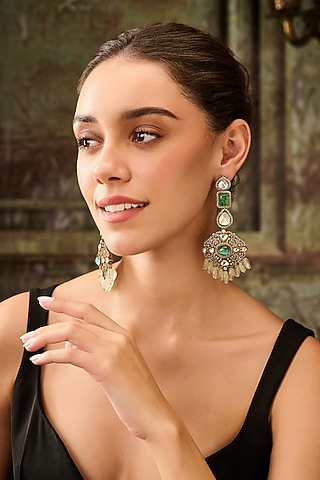 Gold Plated Kundan Polki & Mint Fluorite Stone Dangler Earrings by Paisley Pop