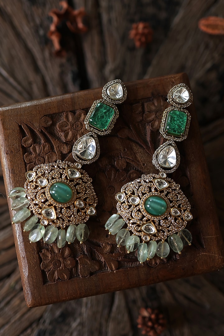 Gold Plated Kundan Polki & Mint Fluorite Stone Dangler Earrings by Paisley Pop at Pernia's Pop Up Shop