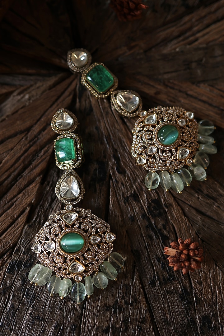 Gold Plated Kundan Polki & Mint Fluorite Stone Dangler Earrings by Paisley Pop at Pernia's Pop Up Shop