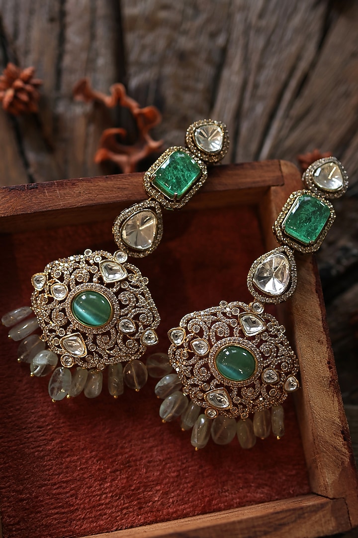 Gold Plated Kundan Polki & Mint Fluorite Stone Dangler Earrings by Paisley Pop at Pernia's Pop Up Shop