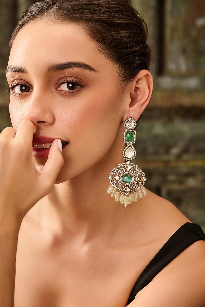 Gold Plated Kundan Polki & Mint Fluorite Stone Dangler Earrings by Paisley Pop at Pernia's Pop Up Shop
