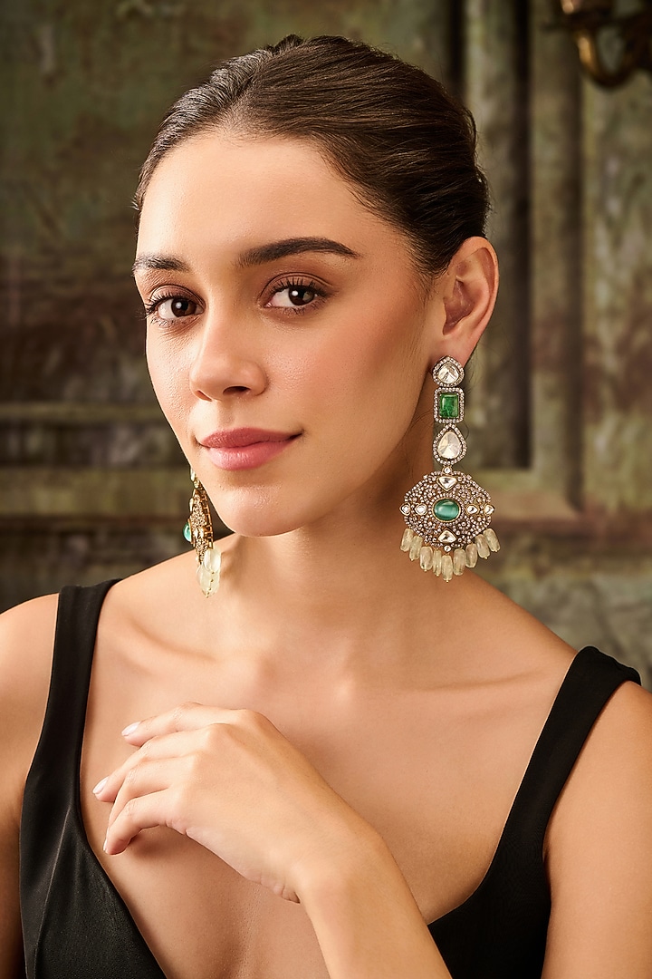 Gold Plated Kundan Polki & Mint Fluorite Stone Dangler Earrings by Paisley Pop at Pernia's Pop Up Shop