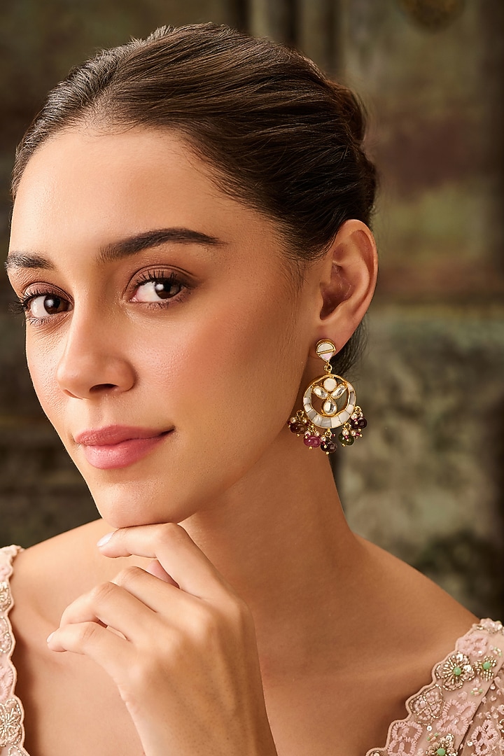 Gold Plated Mother Of Pearl & Multi-Colored Stone Dangler Earrings by Paisley Pop at Pernia's Pop Up Shop