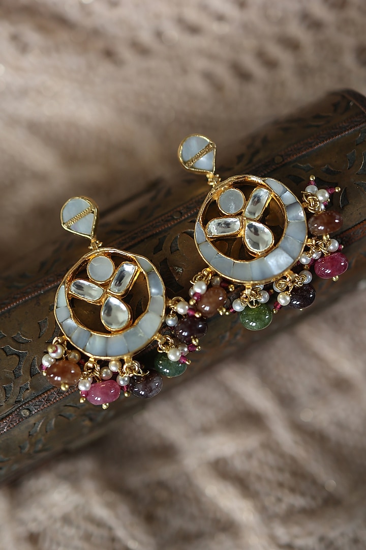 Gold Plated Mother Of Pearl & Multi-Colored Stone Dangler Earrings by Paisley Pop at Pernia's Pop Up Shop