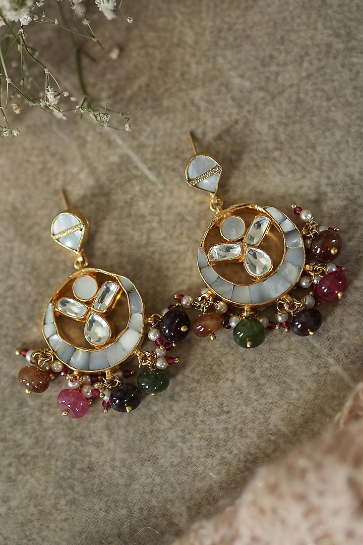 Gold Plated Mother Of Pearl & Multi-Colored Stone Dangler Earrings by Paisley Pop at Pernia's Pop Up Shop