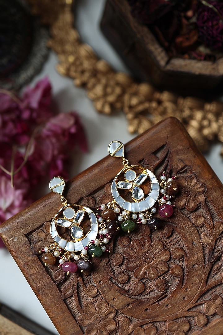 Gold Plated Mother Of Pearl & Multi-Colored Stone Dangler Earrings by Paisley Pop at Pernia's Pop Up Shop