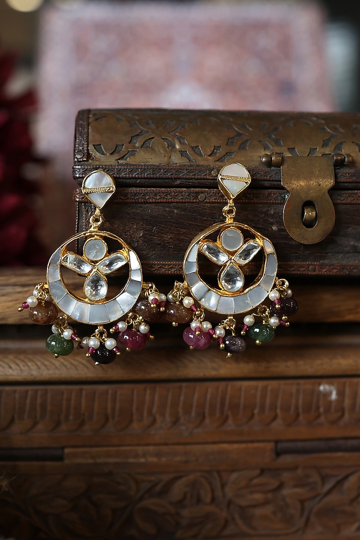 Gold Plated Mother Of Pearl & Multi-Colored Stone Dangler Earrings by Paisley Pop at Pernia's Pop Up Shop