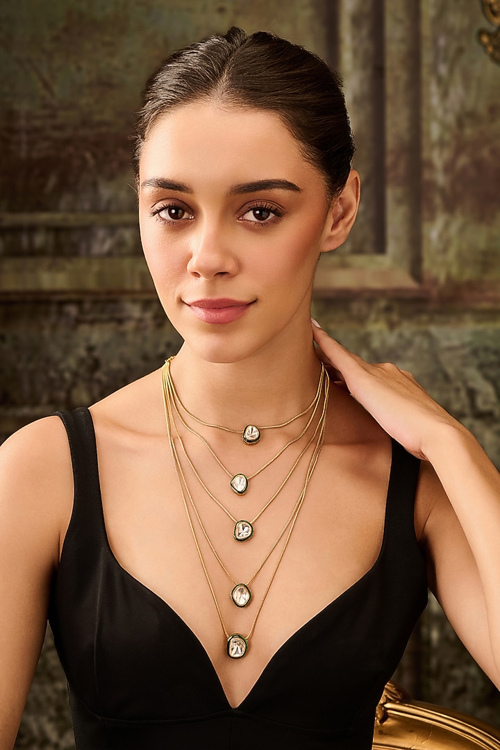 Gold Plated Kundan Polki Enameled Layered Necklace by Paisley Pop at Pernia's Pop Up Shop