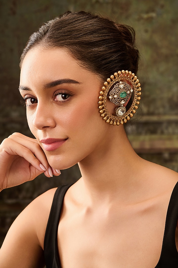 Gold Plated Kundan Polki & Zirconia Statement Earrings by Paisley Pop at Pernia's Pop Up Shop